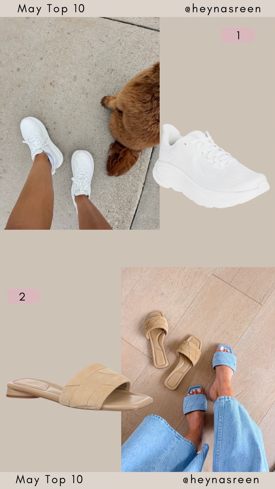 May Top 10:
#1: Hoka tennis shoes, my fav everyday walking shoes
#2: Nordstrom suede sandals, designer dupe for less!