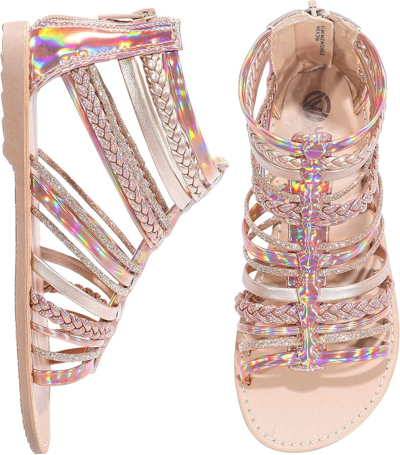 MIXIN Girls Gladiator Sandals Shimmer Strapped Summer Flat Open Toe Ankle Sandals with Heel Zippe... | Amazon (US)