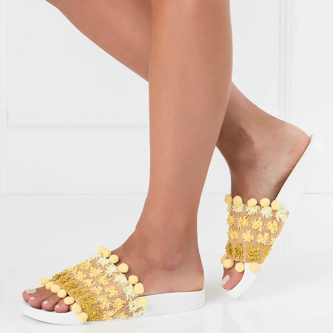 Pool Slides Slide on Sandals Yellow Raffia and Pom Pom - Etsy | Etsy (US)