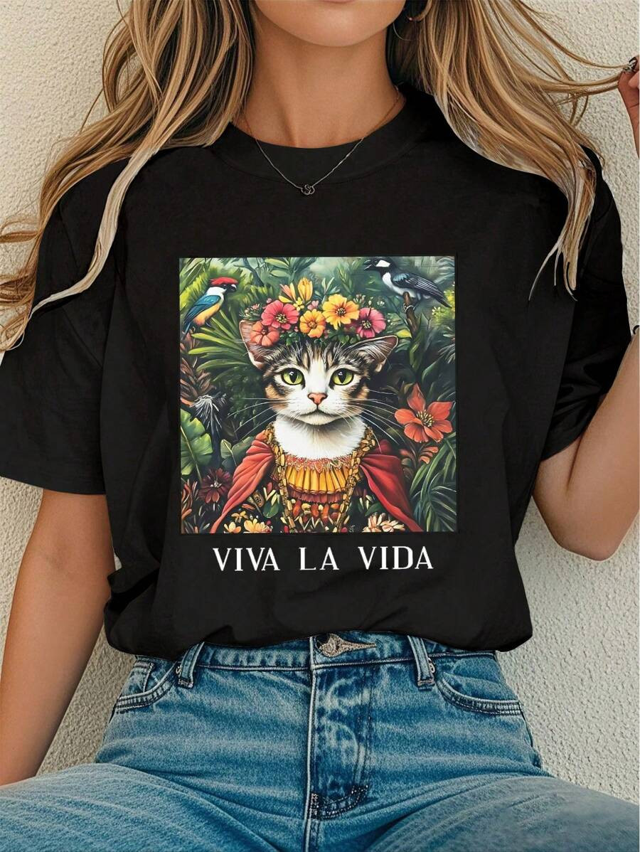 INAWLY Solva Women's Vintage Cat, Bird & Flower Printed Graphic Short Sleeve T-Shirt, Suitable Fo... | SHEIN