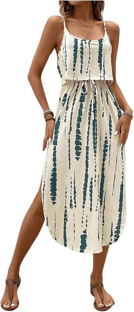 Women's Spaghetti Strap Tie Dye Cami Dress Scoop Neck Split Thigh Midi Dresses Knot Front Sun Dre... | Amazon (US)