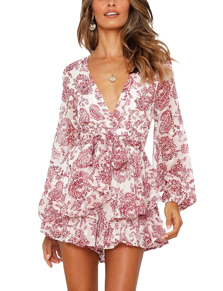 Relipop Womens Floral Print Romper V Neck Long Sleeve Double Layer Ruffle Hem Shorts Jumpsuit 202... | Amazon (US)
