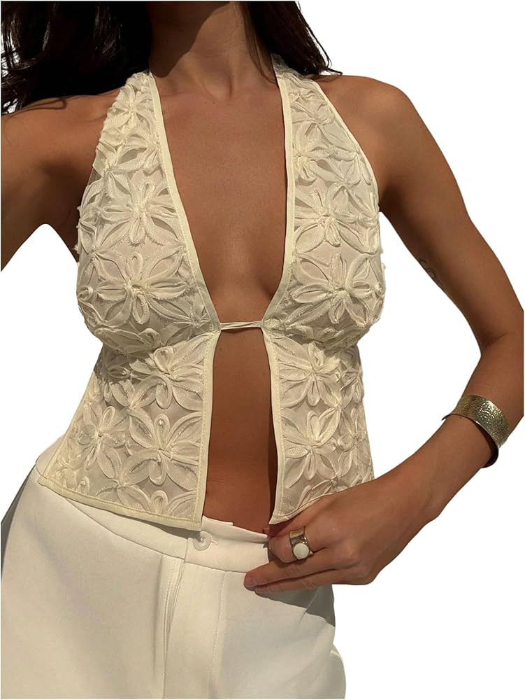 MakeMeChic Women's Floral Textured Halter Top Sleeveless Tie Back Elegant Cami Crop Tops | Amazon (US)