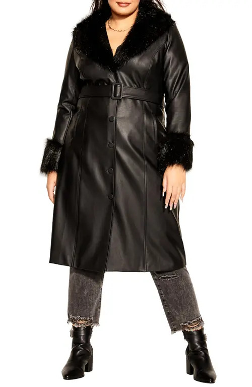 City Chic Spanish Romance Faux Leather Coat with Faux Fur Trim in Black at Nordstrom, Size Medium | Nordstrom