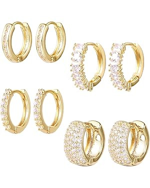 ALEXCRAFT Small Gold Hoop Earrings Set for Women Diamond Pave Gold Earrings Set with Sterling Sil... | Amazon (US)
