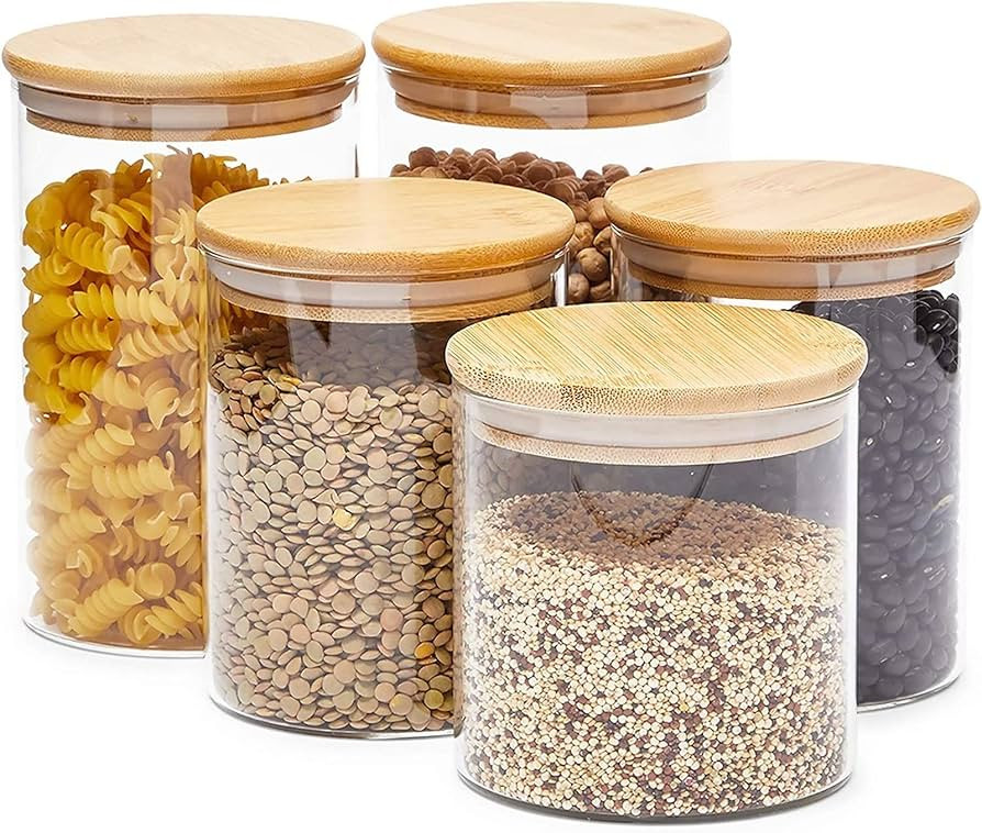 Juvale 5-Pack Glass Canisters with Bamboo Lids, 3 Sizes for Pantry Storage | Amazon (US)