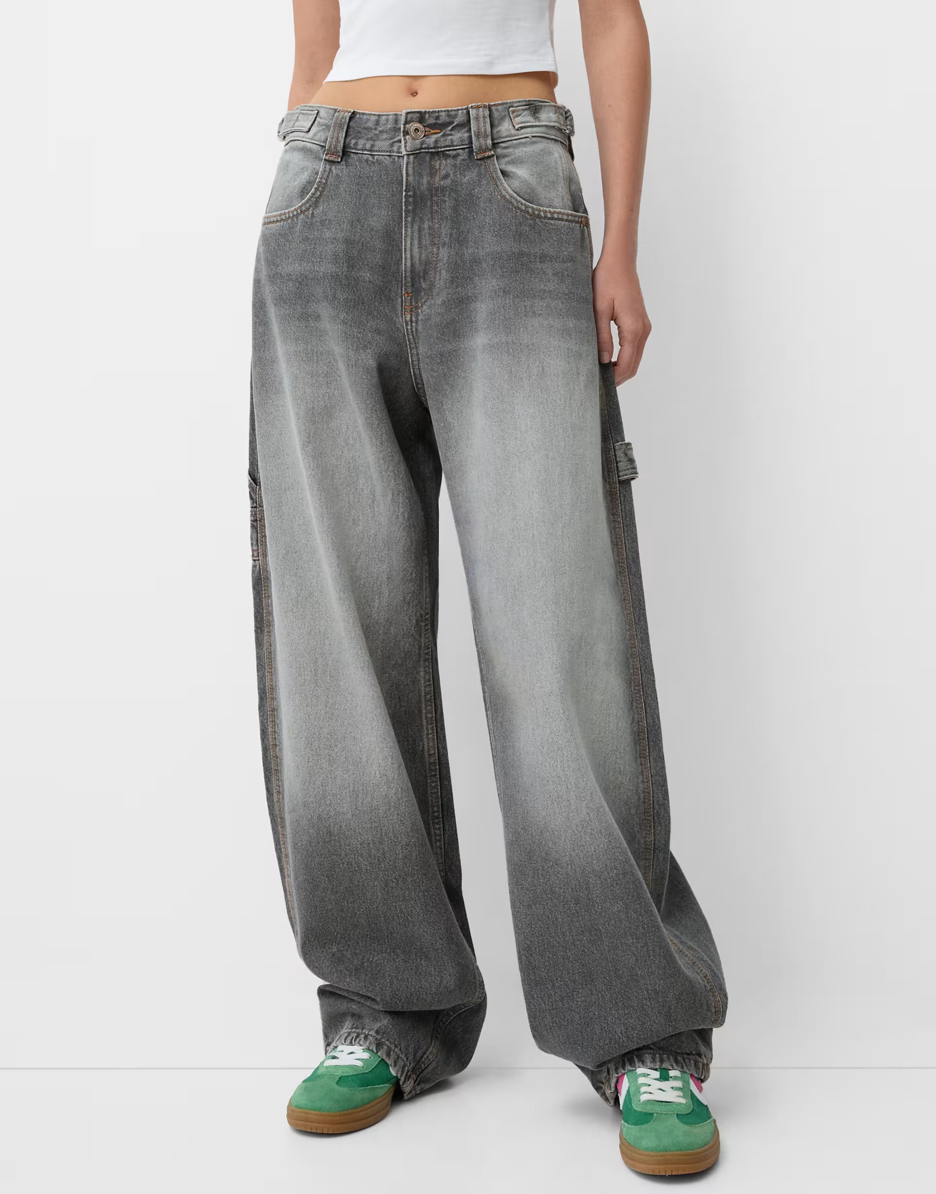 Bershka adjustable balloon fit carpenter jeans in light grey | ASOS | ASOS (Global)