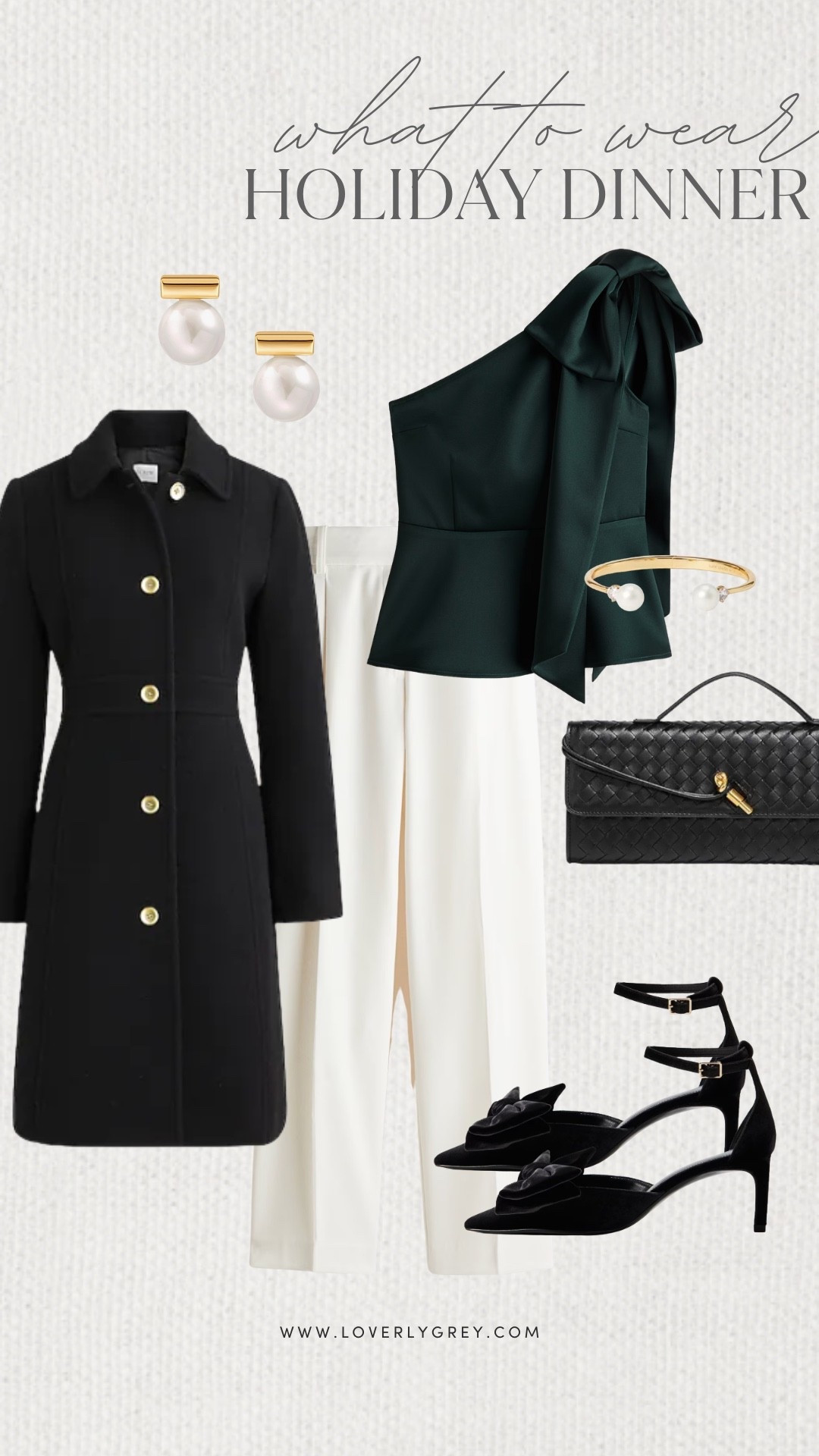Loverly Grey, what to wear to a holiday dinner! I am loving this deep green one shoulder top paired with white trousers and layered underneath a J.Crew black coat. I paired the look with embellished mules, a woven purse, and gold with pearl jewelry. Loverly Grey, what to wear, holiday dinnerr

#LTKHoliday #LTKItBag #LTKStyleTip