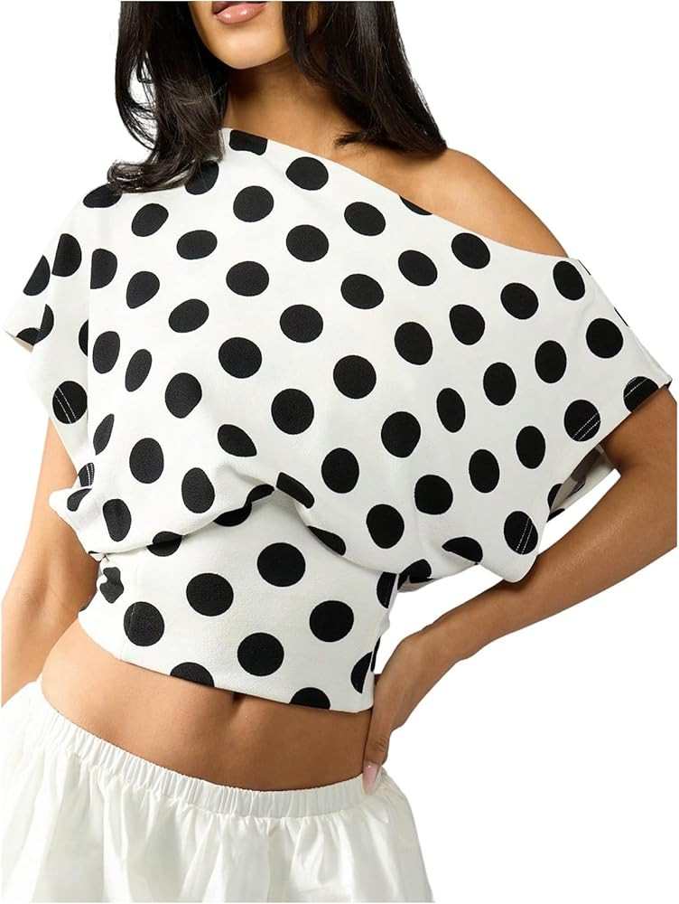Floerns Women's Polka Dots Off Shoulder Crop Top Short Dolman Sleeveless Elegant Blouses | Amazon (US)