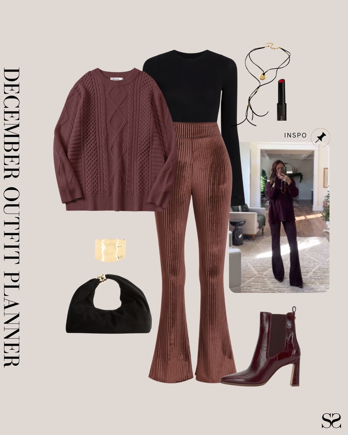 Monthly outfit planner DECEMBER: Winter outfits | velvet leggings, cable knit sweater, burgundy boots, holiday outfit 

#classicstyle #LTKstyletip #winteroutfit 

Image inspo credit: @krismarieerrington 

#LTKgrwm #LTKHoliday #LTKootd