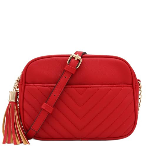 Chevron Quilted Crossbody Camera Bag with Chain Strap and Tassel (Red) One Size | Amazon (US)