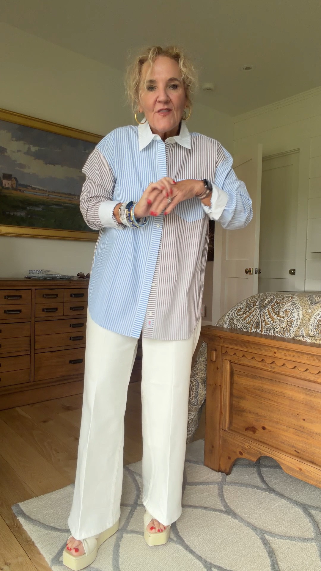 The hair did not do well in the rain! Ha! 
Blouse size med I just loved the contrasting stripes 
Jeans size med petite foot zip and button closure 
Add the linked cashmere and it’s a lovely elegant look 
20% off my bracelets code NANETTE20

Business casual

#LTKOver40 #LTKootd #LTKWorkwear
