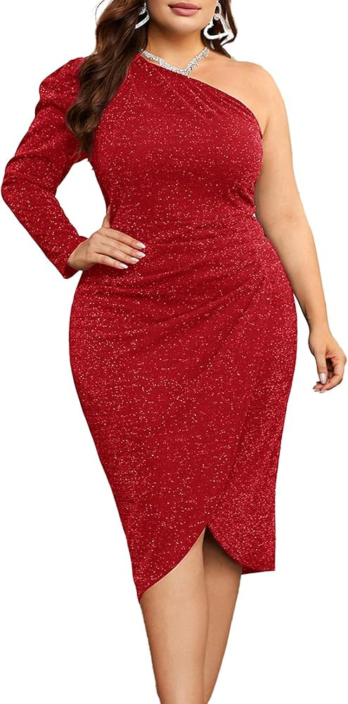 KIMCURVY Women's Plus Size One Shoulder Glitter Dress Ruched Wrap Cocktail Sparkly Party Formal M... | Amazon (US)