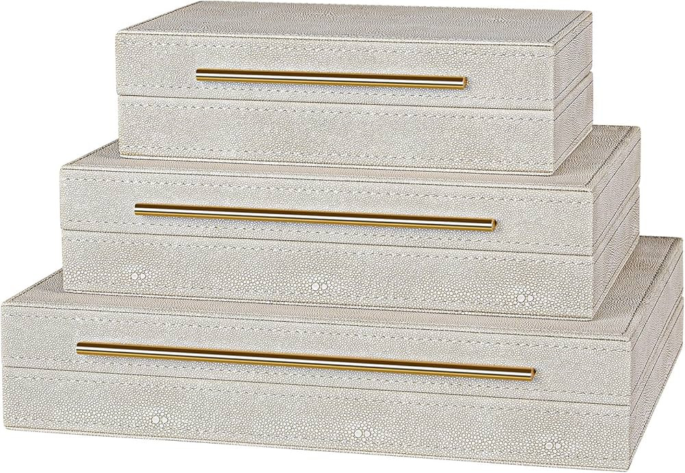 Elegant Set of 3 Ivory Shagreen Decorative Boxes with Velvet Lining and Golden Handles - Versatil... | Amazon (US)