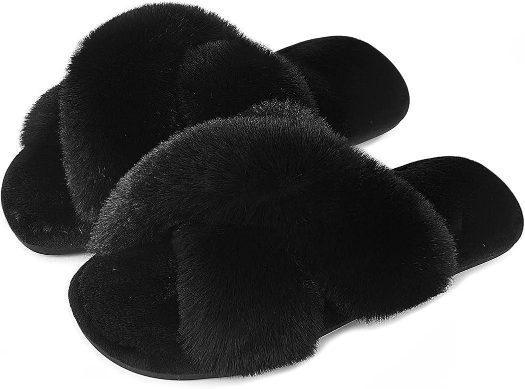 Womens Cross Band Slippers Cozy Furry Fuzzy House Slippers Open Toe Fluffy Indoor Shoes Outdoor S... | Amazon (US)