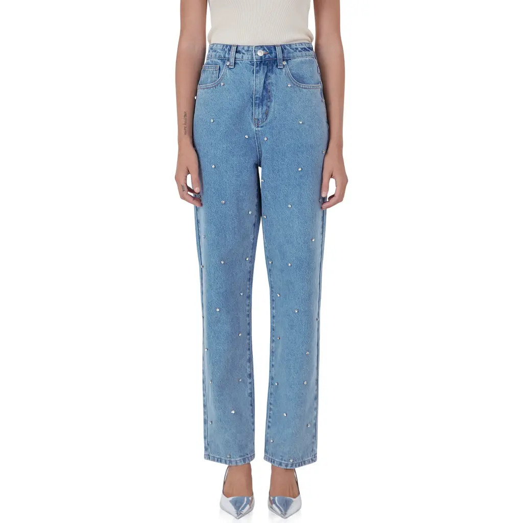 Endless Rose Crystal Embellished High Waist Rigid Straight Leg Jeans in Denim at Nordstrom, Size Large | Nordstrom