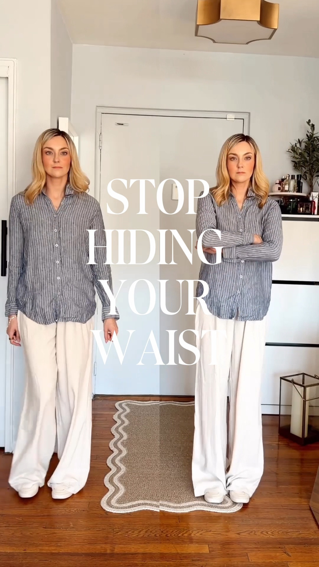 SAVE THIS for later 💙 This outfit doesn't look off - it's missing structure. Here's what I changed: defined the waist, added a layer for dimension, adjusted proportions. Same clothes. Completely different effect. 

Blue shirt styling • outfit fixes • style hack • outfit idea • how to style • linen pants • summer look • quince essentials 

#LTKWorkwear #LTKTall #LTKvlog