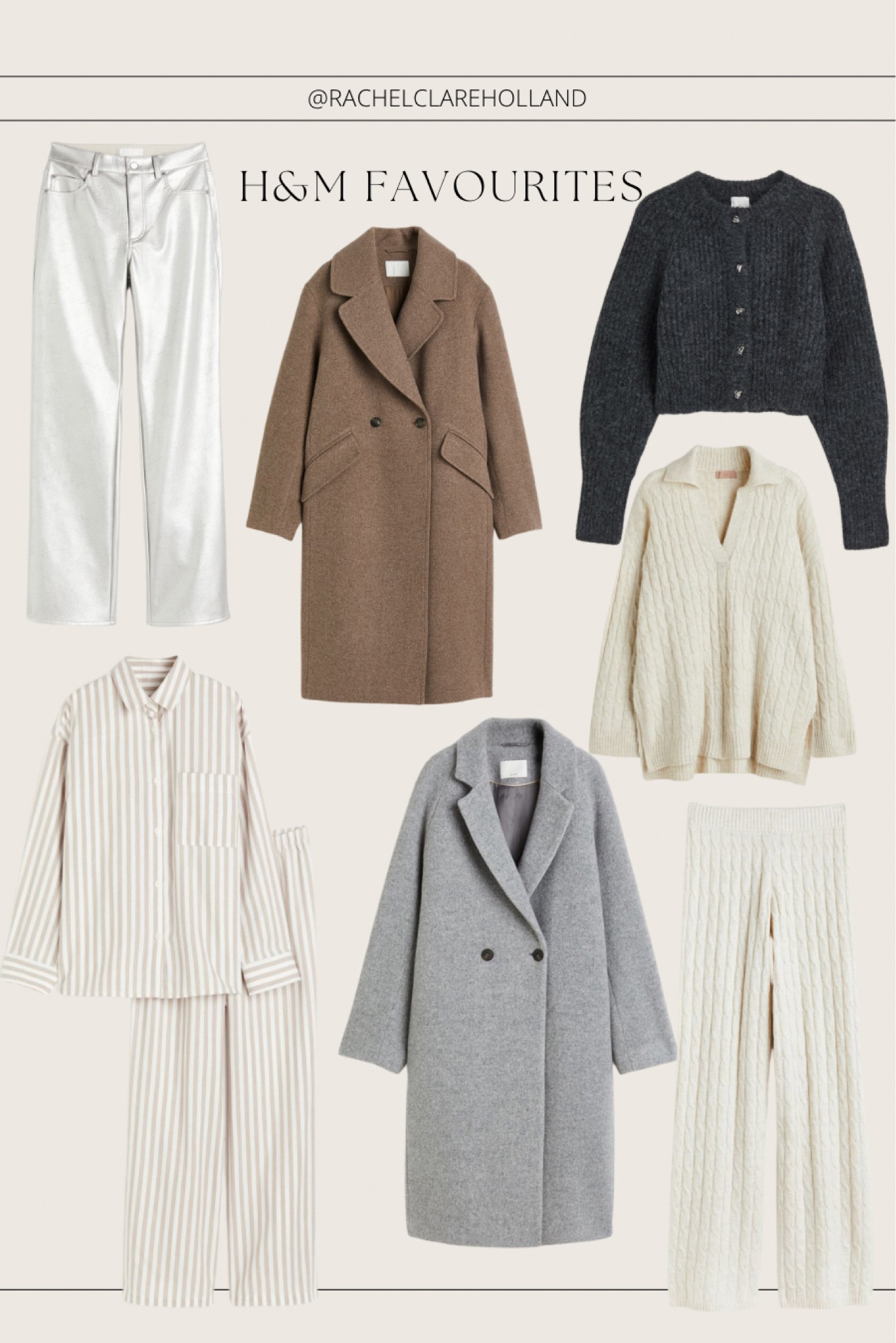 H&M Favourites: silver trousers, long brown coat, cardigan, pullover long sleeve knit jumper, striped pjs, long grey coat, ribbed wide leg trousers

#LTKeurope #LTKSeasonal #LTKstyletip