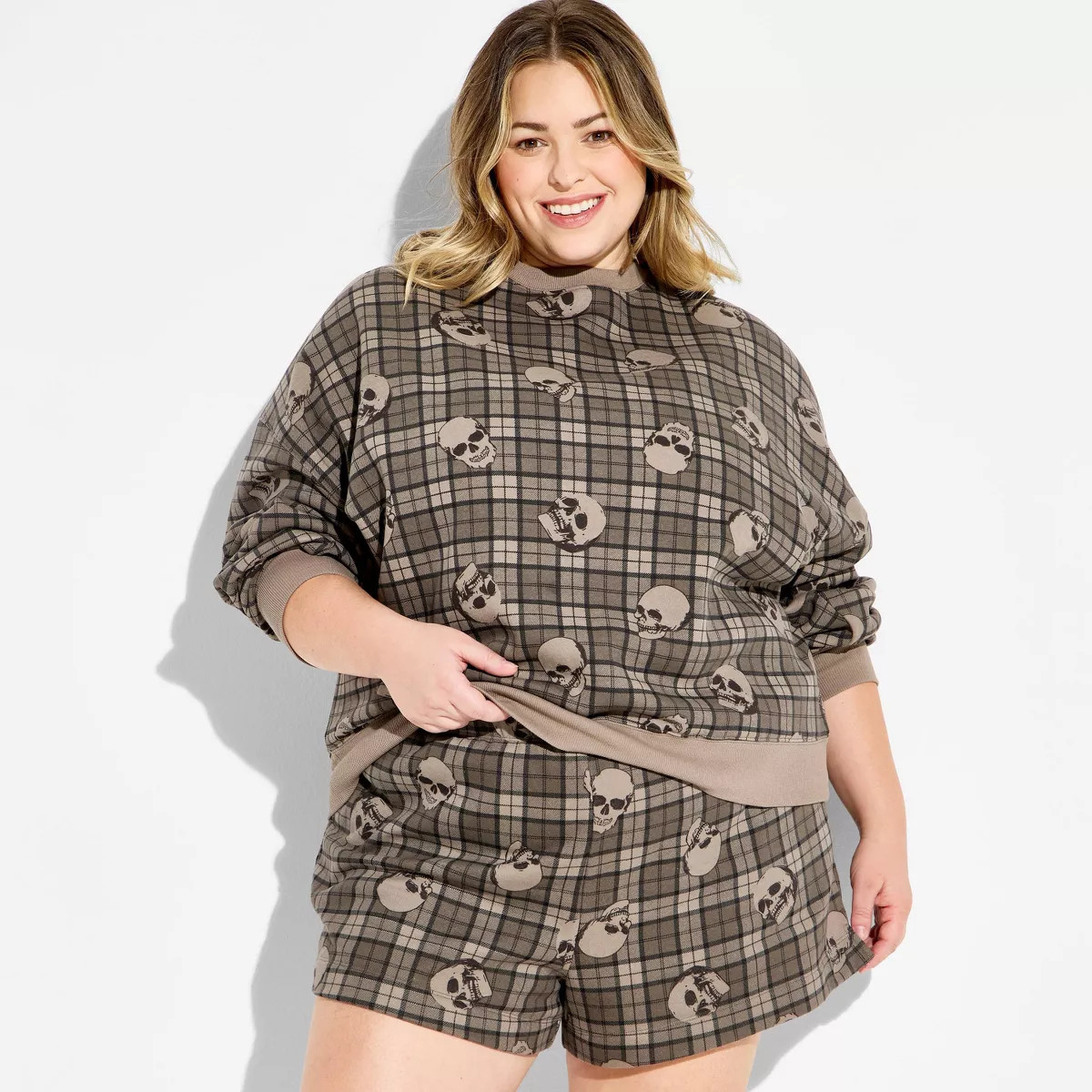 Women's Crewneck Plaid Skulls Graphic Pullover Sweatshirt - Brown 2X | Target