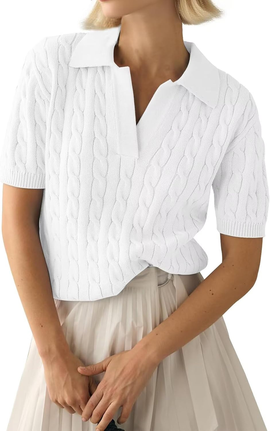 LACOZY Womens Summer Short Sleeve Tops V Neck Ribbed Knit Polo Sweater Shirts Casual Lightweight Pullover Shirt 2026 | Amazon (UK)