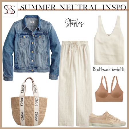 All neutral look from J.Crew with wide leg linen pants and denim jacket. Perfect with Golden Goose superstar sneakers. 

#LTKshoecrush #LTKunder100 #LTKworkwear