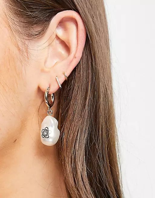 ASOS DESIGN hoop earrings with printed flower pearl drop in gold tone | ASOS (Global)