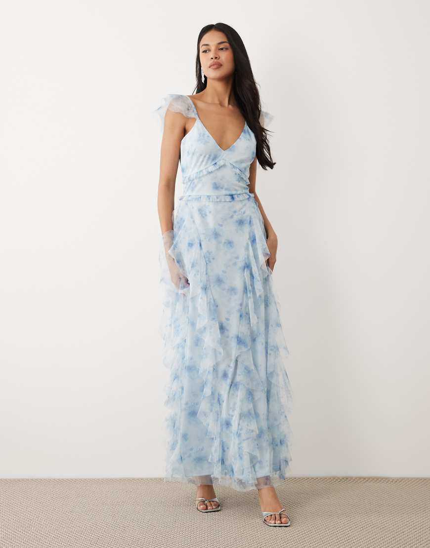 Lace & Beads tulle cami ruffle maxi dress in blue floral print-Multi | ASOS (Global)
