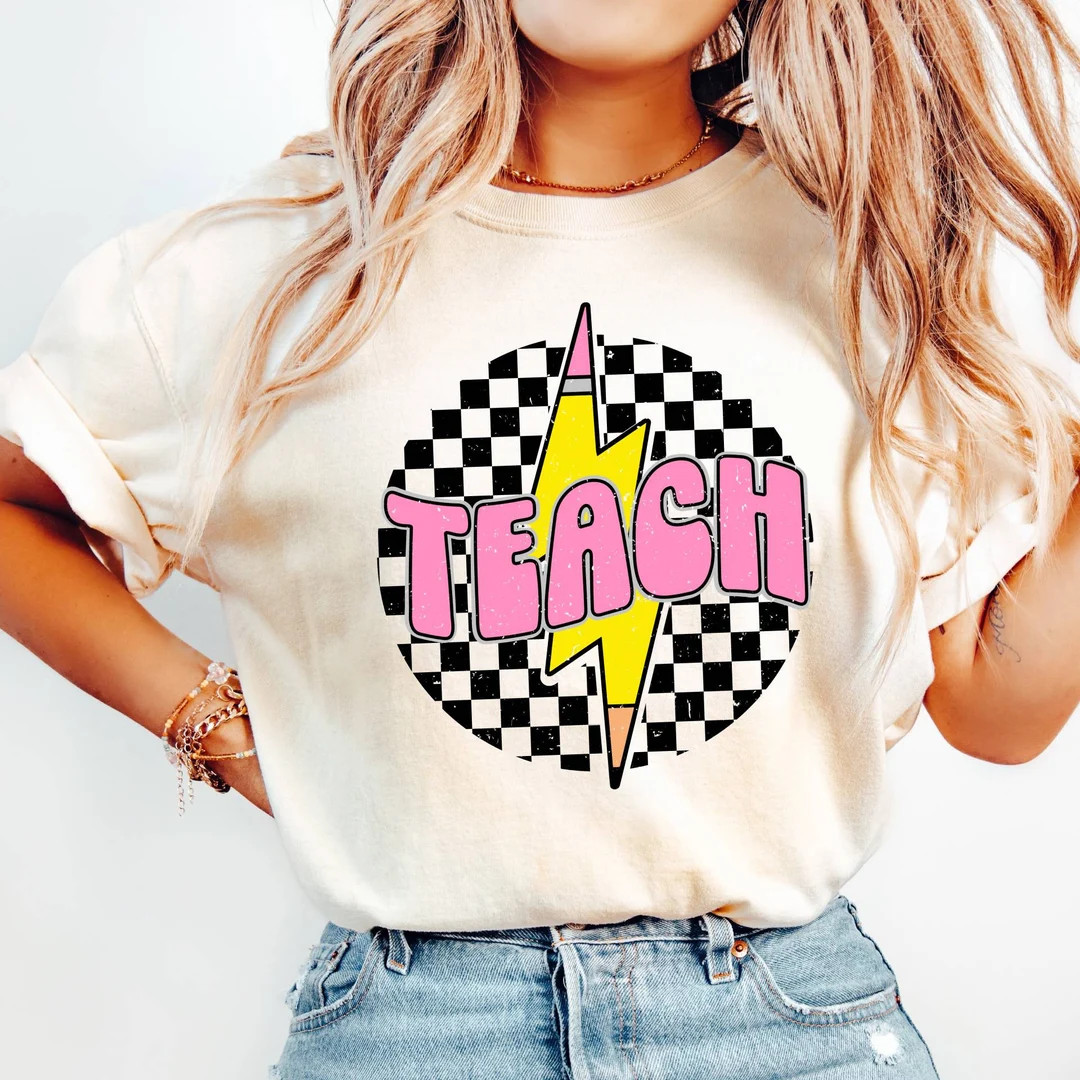 Comfort Colors® Checkered Teach Shirt, Retro Pencil Teacher Shirt,neon Teacher Gift,lightning Bo... | Etsy (US)