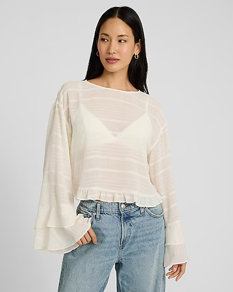 Sheer Striped Boat Neck Long Bell Sleeve Ruffle Top | Express