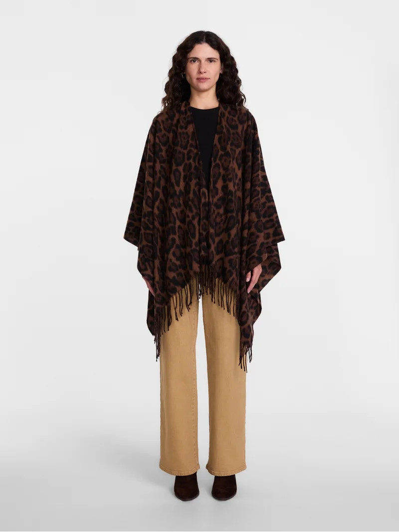 Scenario Women's Fringe Ruana, Mid-weight, Brown Leopard | Walmart (US)