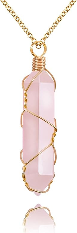 VIBILIA Healing Crystal Necklace Wire Wrapped Natural Point Pendant Necklace Hexagonal Reiki Spir... | Amazon (US)