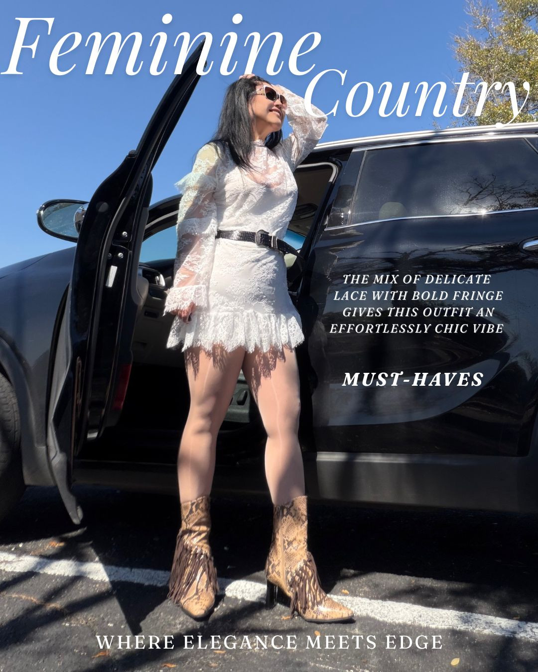 Channeling feminine country elegance with this lace dress, paired with a bold belt and fringe boots in the perfect hue! A chic, timeless look for any country-inspired occasion. 

IGL @michellemc8

#CountryChic #FeminineStyle #LaceDress #CowboyBoots #LTKstyle 

 #LTKdayinmylife #LTKootd #LTKU
