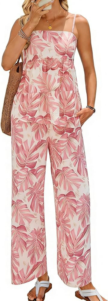 Glamaker Womens Summer 2 Piece Sets Floral Spaghetti Tank Top Wide Leg Pants Travel Beach Vacatio... | Amazon (US)