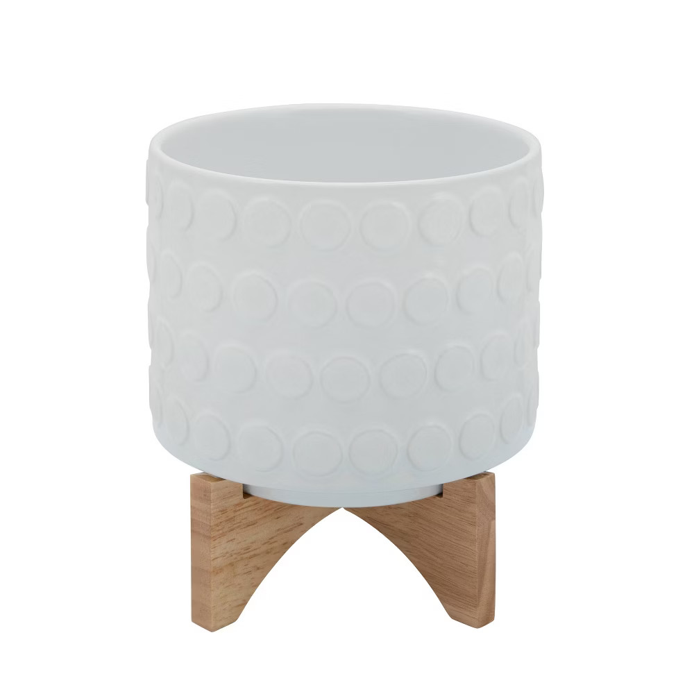 8"" Circle Pattern Ceramic Planter on Wooden Stand White - Sagebrook Home | Target
