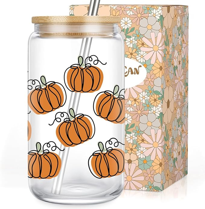 LEADO Fall Pumpkin Cup, Halloween Iced Coffee Tumbler, 16 oz Aesthetic Cute Glass Cups with Lids ... | Amazon (US)