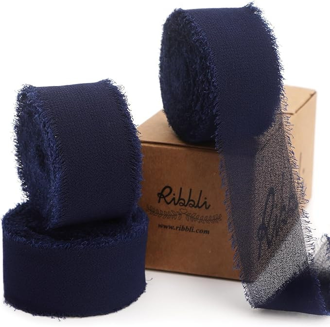 Ribbli Navy Ribbon 1 Inch x 3 Rolls Total 24 Yards Handmade Fringe Chiffon Silk Ribbon for Wrappi... | Amazon (US)