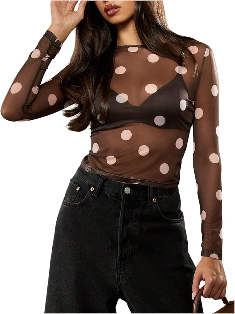 WDIRARA Women's Polka Dots Mesh Sheer Tops Long Sleeve See Through Tee Shirts Rave Clubwear | Amazon (US)