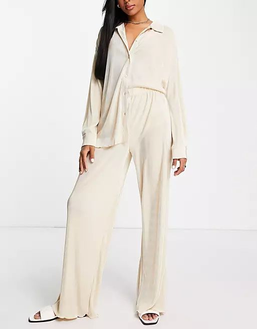 The Frolic plisse relaxed straight leg pants in oatmeal - part of a set | ASOS (Global)