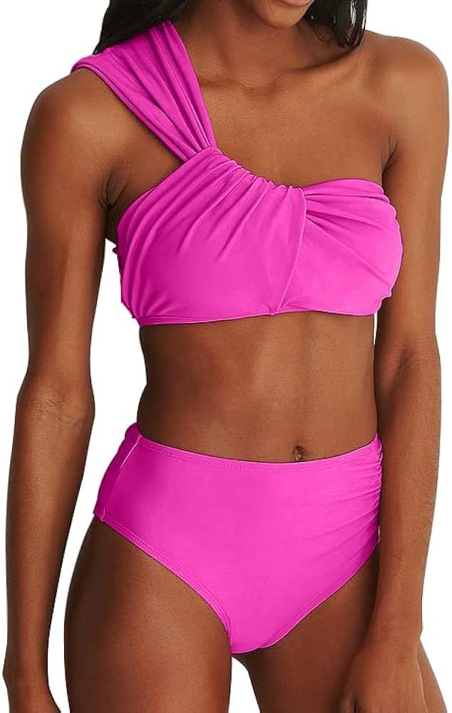 Women's One Shoulder Bikini Ruched High Waisted 2 Piece Swimsuits Push Up Crop Top Bathing Suit | Amazon (US)