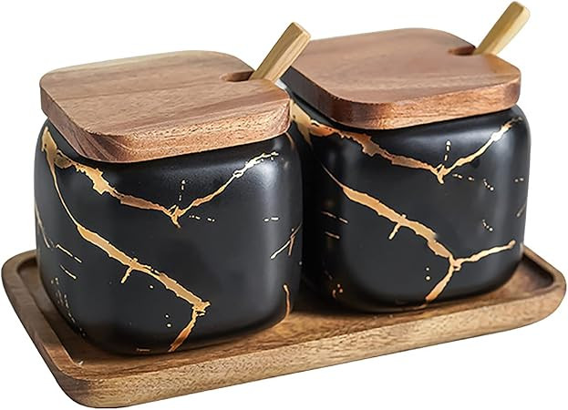 2 Sets of Marble Ceramic Sugar Bowl Ceramic Seasoning Jars with Wooden Lid and Wooden Spoon(Black... | Amazon (US)