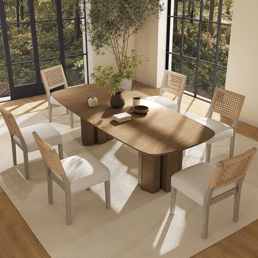 Modern Farmhouse Dining Chairs Set of 6, Linen Kitchen Chairs with Rattan Back, Upholstered Solid... | Amazon (US)