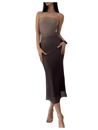 GORGLITTER Women's Mesh Strapless Ruched Bodycon Maxi Dress Wedding Guest Prom Cocktail Summer Y2k Long Tube Dresses Brown Medium | Amazon (US)