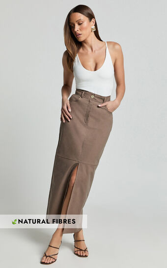 Vanna Midi Skirt - High Waisted Front Slit Skirt in Mocha | Showpo (US, UK & Europe)