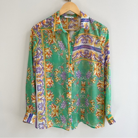 [timing] romance scarf print sheer chiffon button down blouse green multi S | Poshmark