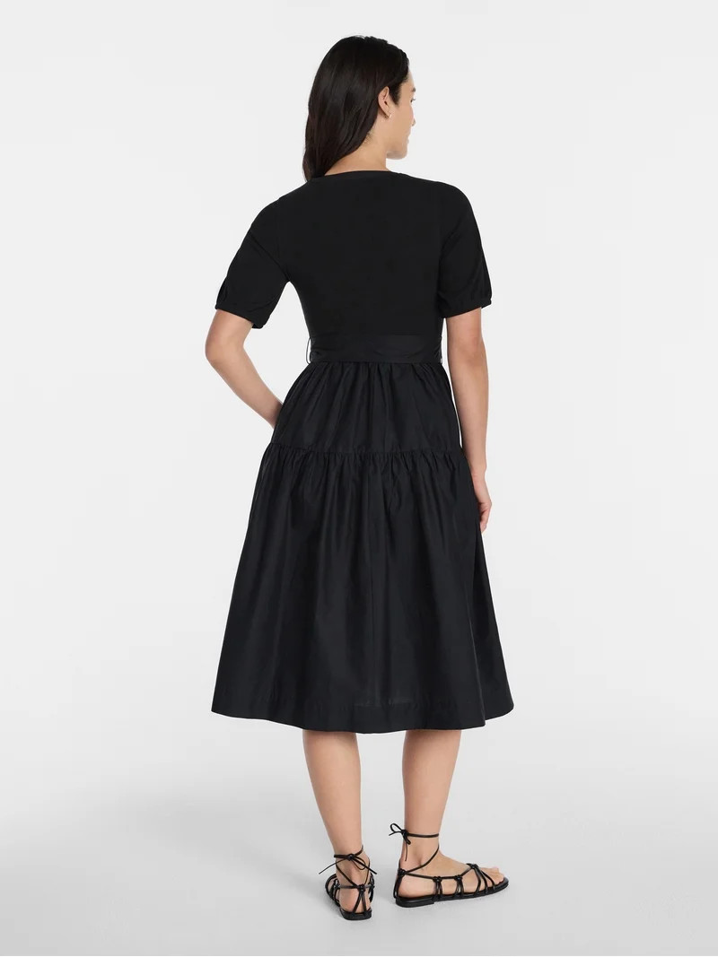 Time and Tru Women's Mixed Media Midi Dress with Puff Sleeves, Sizes XS-XXXL | Walmart (US)