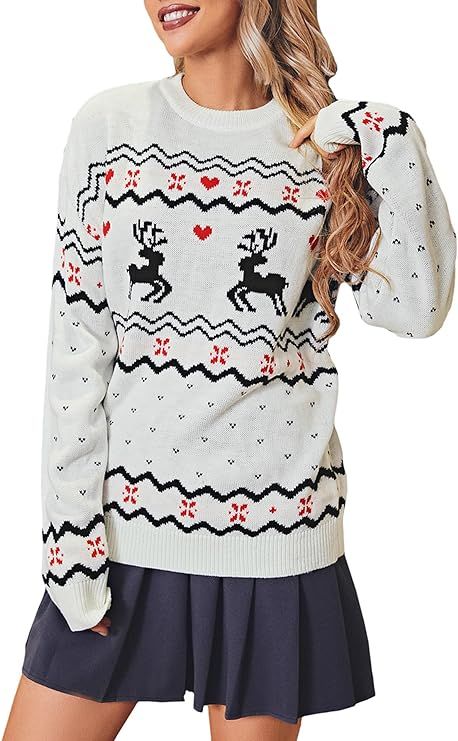 Miessial Women's Knitted Christmas Pattern Sweater Comfy Crewneck Long Sleeve Pullover Sweater | Amazon (US)