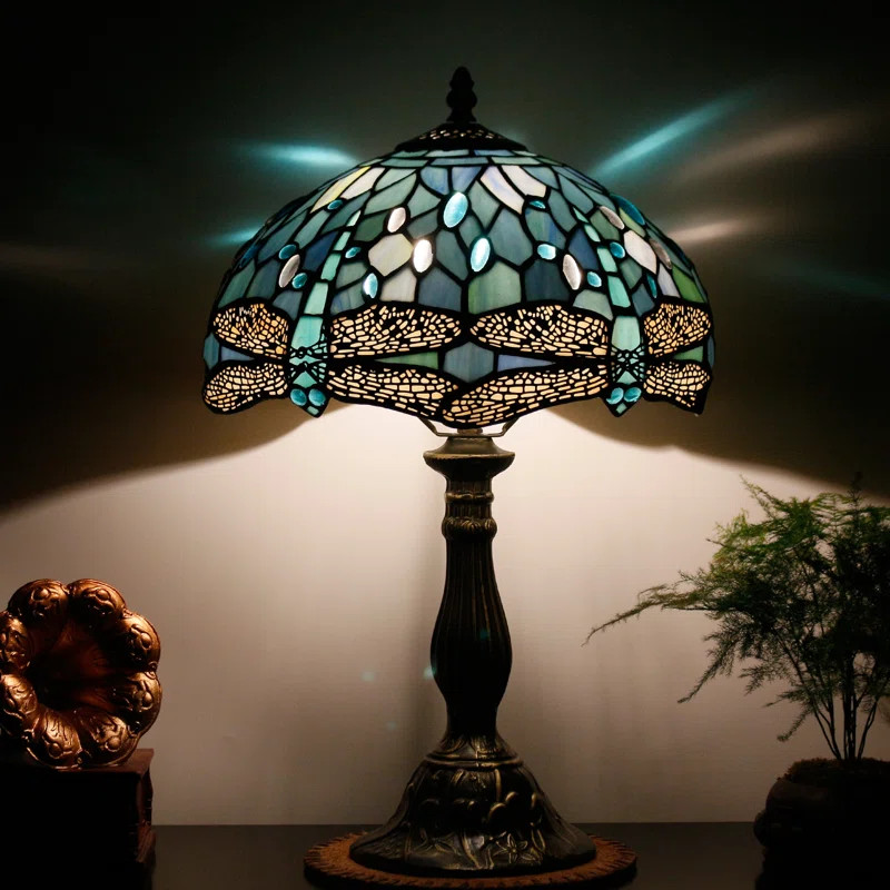 Ballico Tiffany Lamp Sea Blue Stained Glass Table Lamp 12X12X18 Inches Dragonfly Style Desk Readi... | Wayfair North America