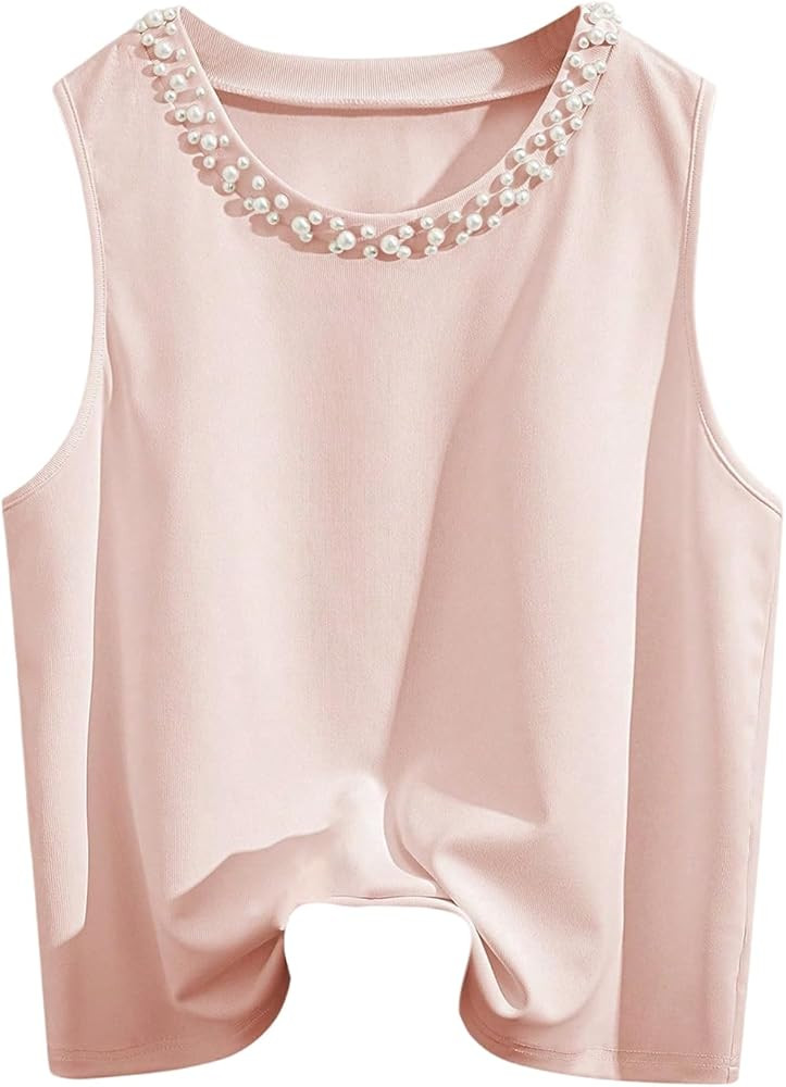 WDIRARA Women's Pearl Beaded Crew Neck Sleeveless Tank Top Going Out Tops | Amazon (US)