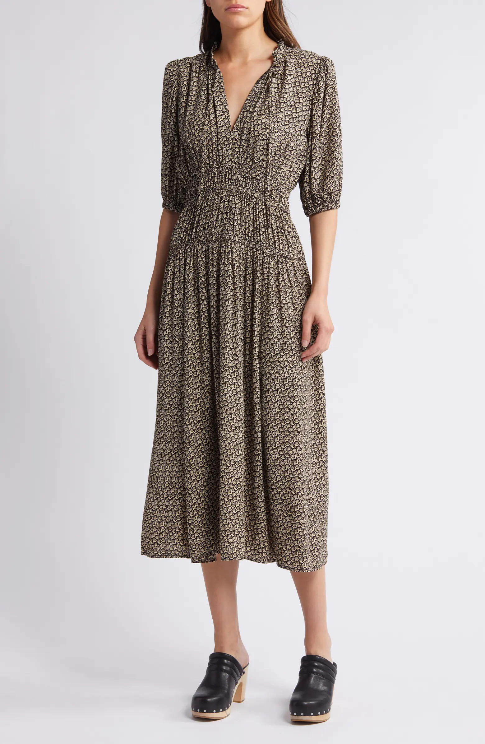 Puff Sleeve Drop Waist Midi Dress | Nordstrom