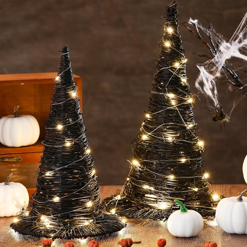 Leinuosen 2 Pcs Halloween Rattan Witch Hat Decor with String Lights Wicker Wizard Hats Woven Witc... | Amazon (US)